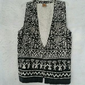 Chico's denim long vest, GUC, blk/charc/cream